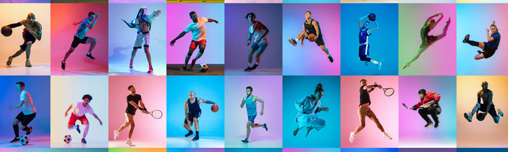 Variety of sports (including running, basketball, soccer, karate, tennis, hockey) displayed in front of rainbow coloured backgrounds Variety of sports (including running, basketball, soccer, karate, tennis, hockey) displayed in front of rainbow coloured backgrounds